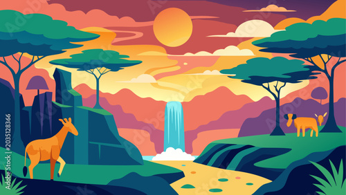 Photography African savannah landscape, wildlife scene, vector illustration, sunset backgrou
