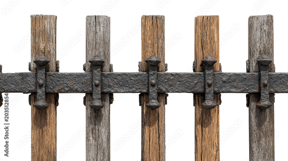 Obraz premium PNG of Close-up of a rustic wooden fence with iron accents, showcasing contrasting textures.