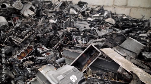 
Recycling of old cars. Automotive scrap. Recycling. Ecology and the environment. Scrap metal from old, destroyed cars. Metal recycling.