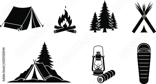 Black silhouette of camping equipment and nature scenes camping tent silhouette campfire silhouette pine trees silhouette
