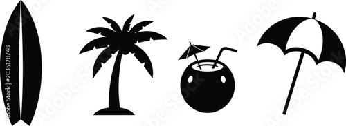 Black silhouette of surfboard palm tree coconut drink and umbrella on white background