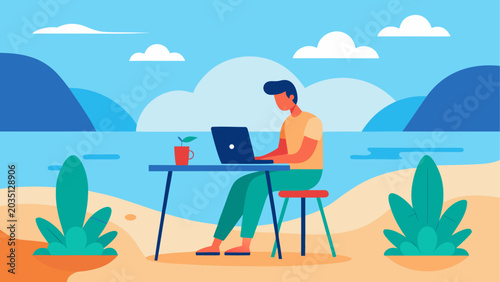 Foto Remote worker, beachside office, laptop on vacation, tropical getaway, digital n