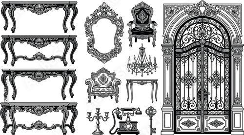 Luxury vintage furniture and ornate decorative elements collection with antique gate mirror chair and chandelier illustration
