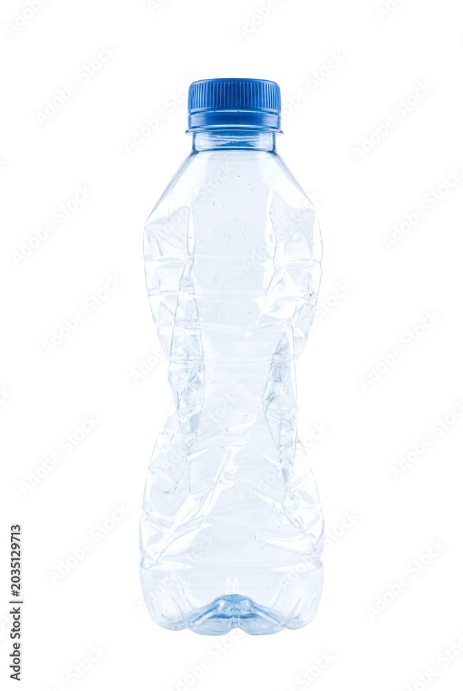 Fototapeta premium Empty crushed plastic water bottle on black background