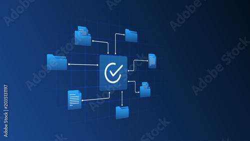 Foto Digital document management workflow system with folder processing pipeline and task data checklist diagram