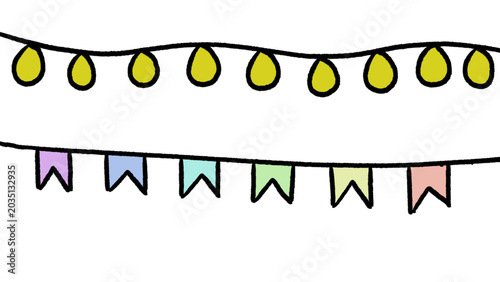 Hand-drawn string lights and colorful flag bunting illustration for decoration, party, celebration, festivals, graphic design element, isolated on transparent background.