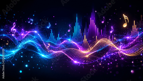 Vibrant audio visualization featuring colorful wave patterns and musical notes, creating a dynamic atmosphere of sound and creativity.
