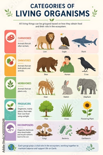 Scientific Poster Showing Classification of Organisms by Feeding Habits