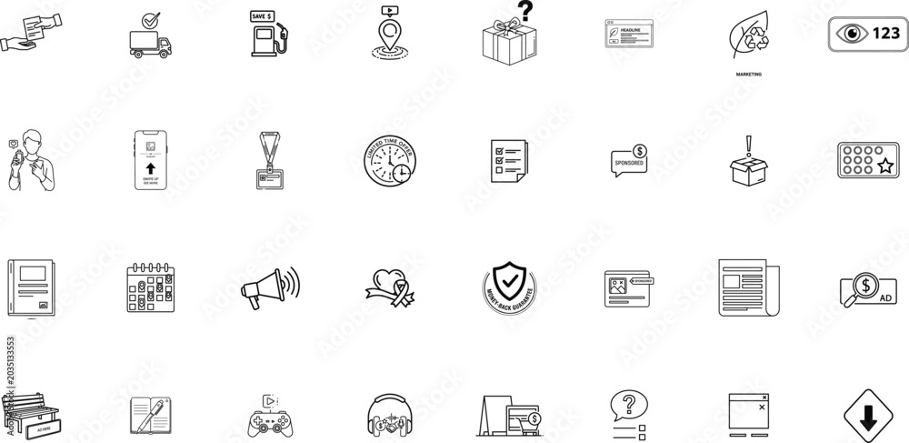 Fototapeta premium Advertising thin liner icon set. Containing Exchange Arrows, Database Server, User Targeting, Delivery Truck, Email Envelope, Billboard Advertisement. Editable vector illustrations. 