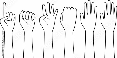 Bild auf Leinwand Various Hand Gestures Black And White Line Art Illustration