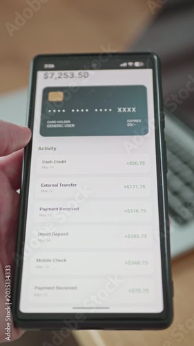 Hand holding a smartphone with a fintech mobile app showing high account balance and cash flow. Passive income