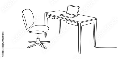 Fotografi Minimalist line art of an office desk with a laptop and a swivel chair, representing a workspace