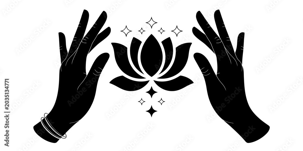Fototapeta premium Hands Releasing Lotus Flower Silhouette with Sparkles