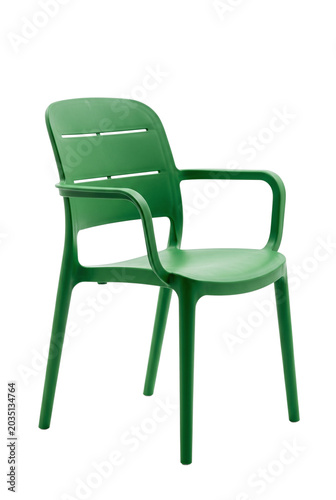 Simple green plastic garden chair with armrests