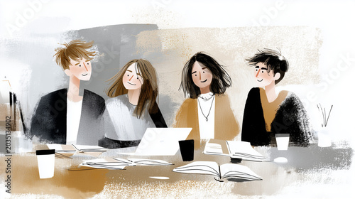 Students Studying Together Around Library Table Filled with Notebooks and Tea Cups | Learning and Supportive Friendship Vintage Ink Illustration

