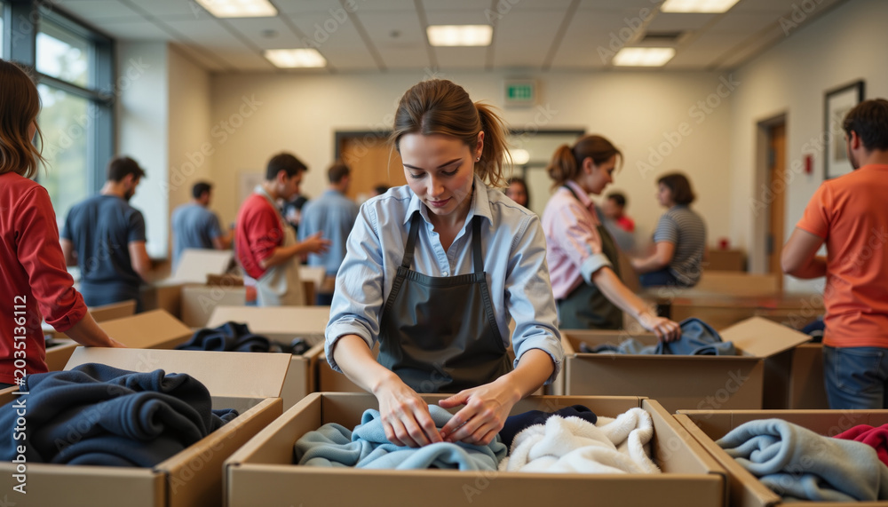 Obraz premium Volunteer woman organizing clothes in boxes at charity event indoors 