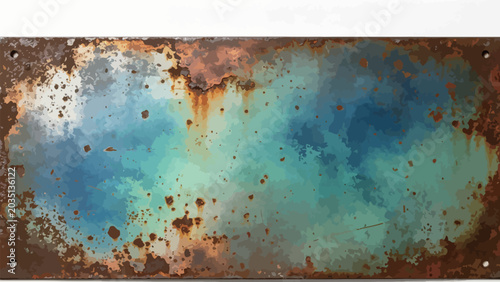 Blank Weathered Vintage Rectangular Metal Sign Plate with Turquoise Blue Patina, Rusted Edges, Corner Mounting Holes, Aged Pitted Corrosion Texture