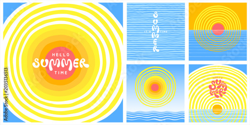 Hand drawn sun sea summer holiday square illustrations backgrounds set. Radial circles groovy sunburst sunset sunrise sea waves landscape uneven wavy stripes border template. Summer time handlettering