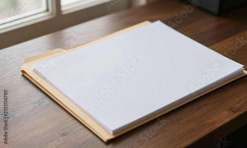 reveals manila folder nestled beside pristine white paper dark wooden desk bathed soft natural light filtering nearby