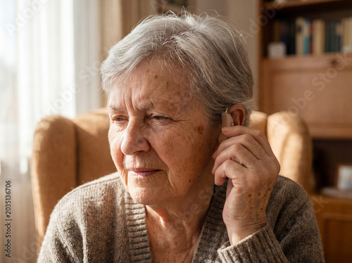 An elderly woman holds a hearing aid in her hand. The problem of hearing loss in old age.