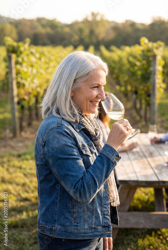 An elderly woman tastes white wine while standing on a vineyard plantation