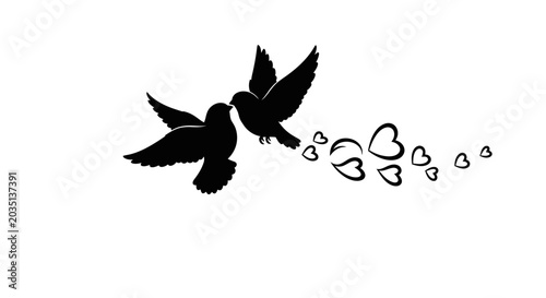 Φωτογραφία Two black silhouette doves flying with hearts trailing behind on white backgroun