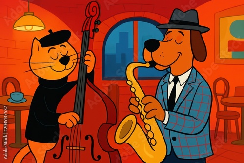 Cartoon cat playing double bass and dog playing saxophone in cafe