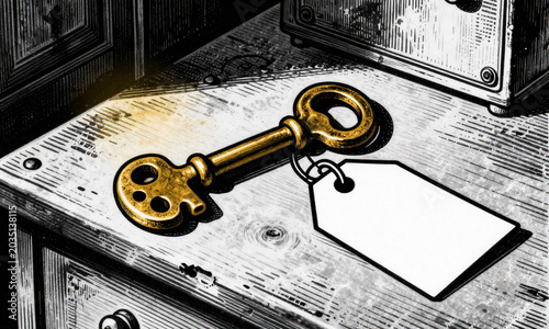 warm golden light illuminates antique brass key resting atop weathered wood desk accompanied blank paper tag cozy
