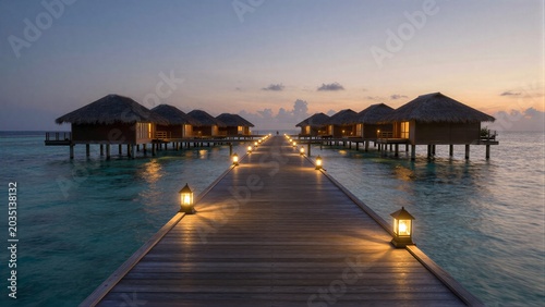 Serene twilight over water villas glowing lanterns line a wooden pier.