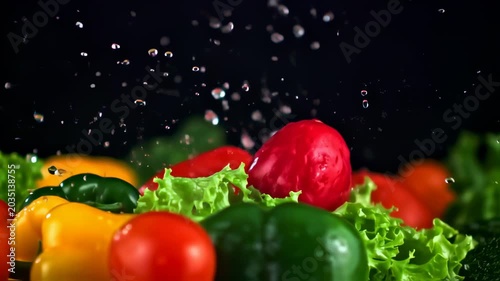 Fresh vegetables being washed with clean water in slow motion for healthy cooking