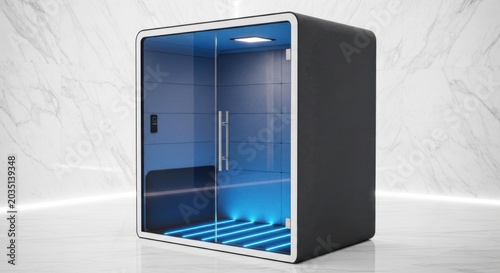 Modern, sleek, blue, indoor sauna, relaxation pod, wellness cabin