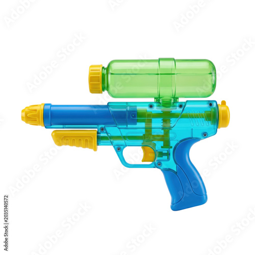 Blue and green plastic water gun toy isolated on black