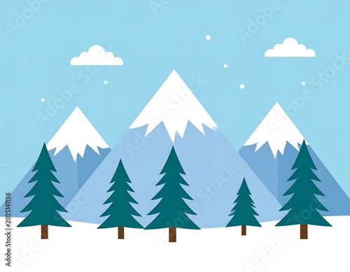 Minimal Snowy Mountain Landscape with Evergreen Trees Under Clear Blue Sky