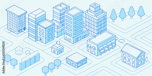 Cuadro en lienzo Isometric city scene with blue buildings and stylized trees