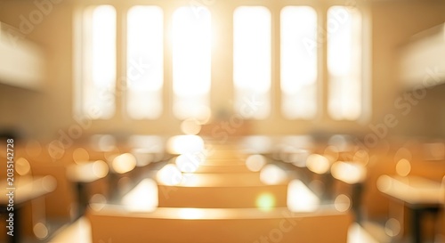 Blurred interior of a church with bright light streaming through tall windows.