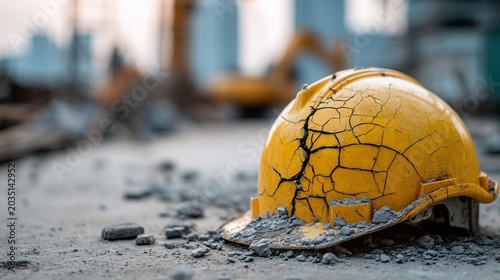 Cracked yellow hardhat on construction site debris symbolizing injury risk and need for construction accident lawyer representation.