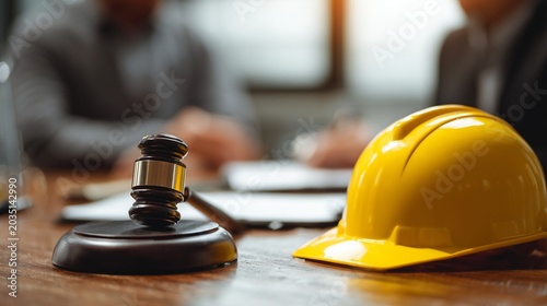Gavel and hard hat on table representing construction accident lawyer and legal claim for worker injury.