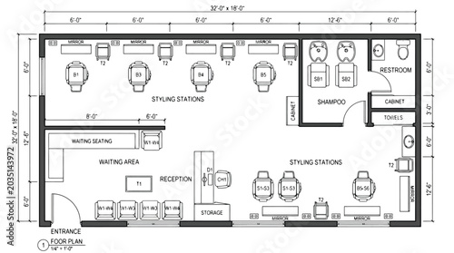 Cuadro en lienzo Architectural floor plan of a hair salon with reception waiting area styling sta