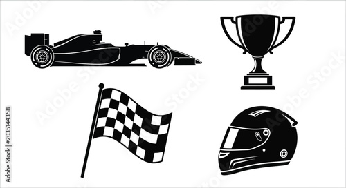 Black silhouette of a racing car trophy checkered flag and helmet