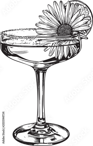 a precise black line art vector illustration of a marguerite cocktail with salt and lime