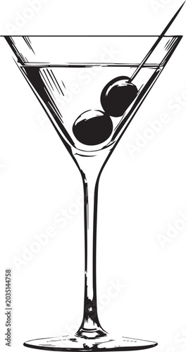 a minimalist black outline vector illustration of a classic martini cocktail in a glass with an olive