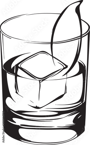a minimalist black outline vector illustration of an old fashioned cocktail with ice in a short glass