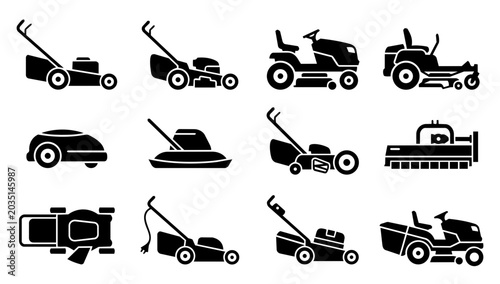 Billede på lærred Lawn Mower and Grass Cutting Machine Silhouette Icons Set