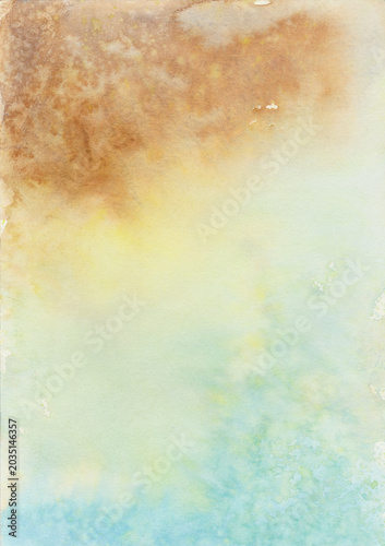 Abstract watercolor background texture with warm brown to soft blue gradient