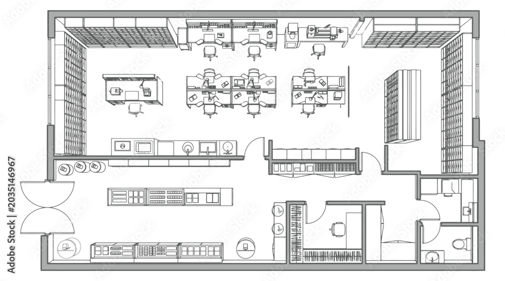 Obraz premium Top-down architectural floor plan of an office space with workstations and meeting areas architectural drawing