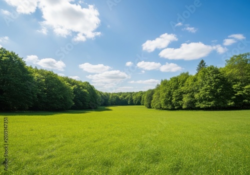 Lush green field with dense forest and blue sky