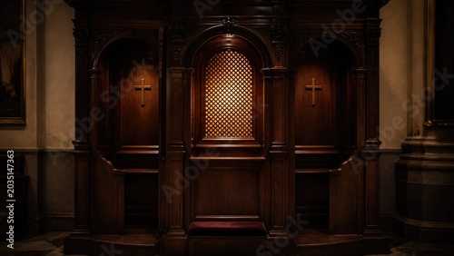 Wooden confessionals inside a church with three enclosed spaces and wooden crosses on the walls during evening light