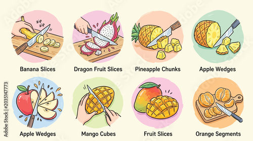 Photos Collection of illustrations showing how to slice and dice various fruits like bananas, dragon fruit, pineapple, apples, mangoes, and oranges