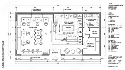 Foto Architectural floor plan of a small coffee shop with detailed layout and furnitu