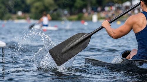 Sprint Canoeist Paddle Exit Water Bead Side Angle